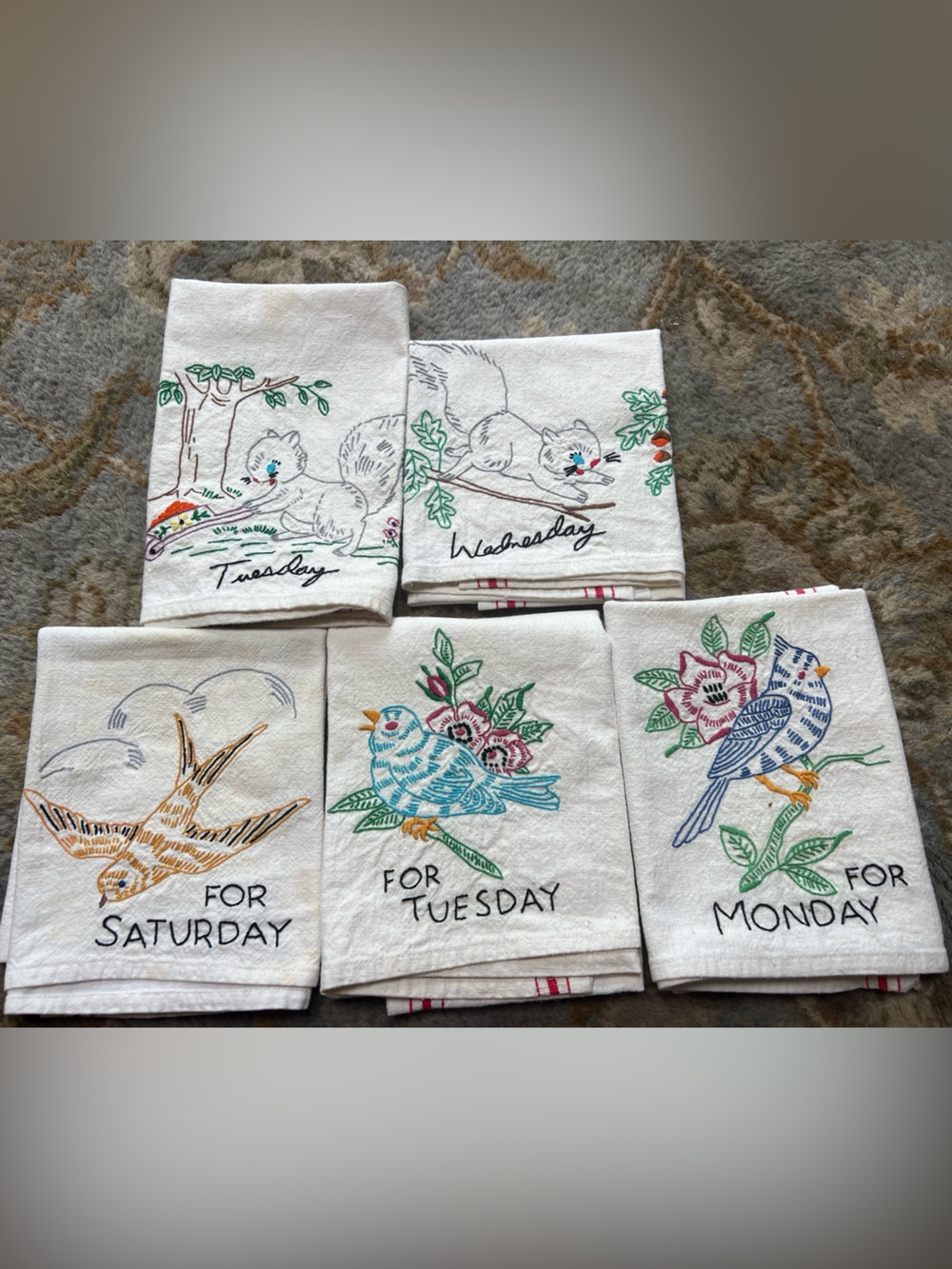 Embroidered Day-of-Week Kitchen Towels - Bird & Squirrel Motifs, White